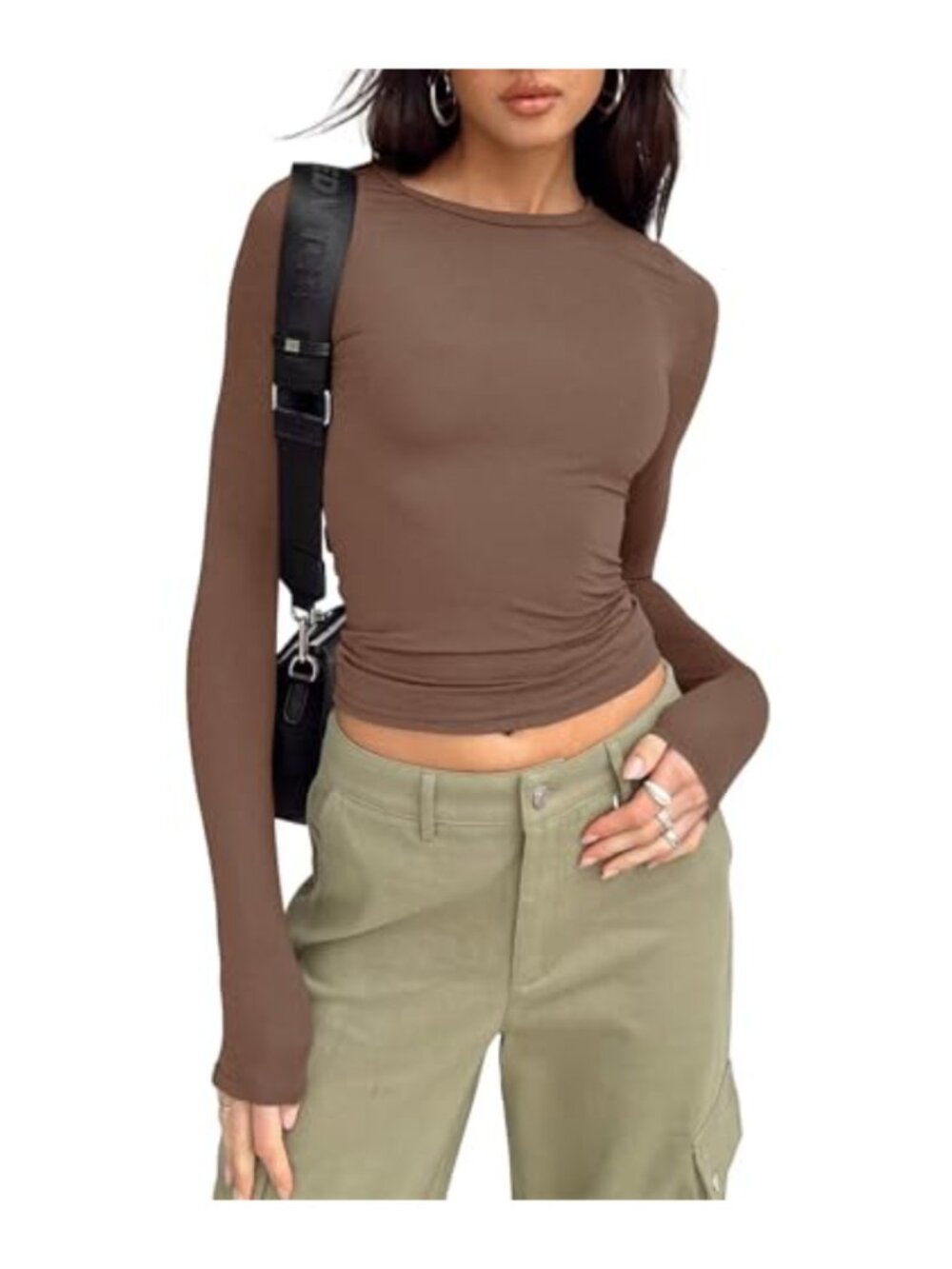 Women's Slim Fit Crew Neck Long Sleeve Crop Top Y2K Basic Tight Shirt